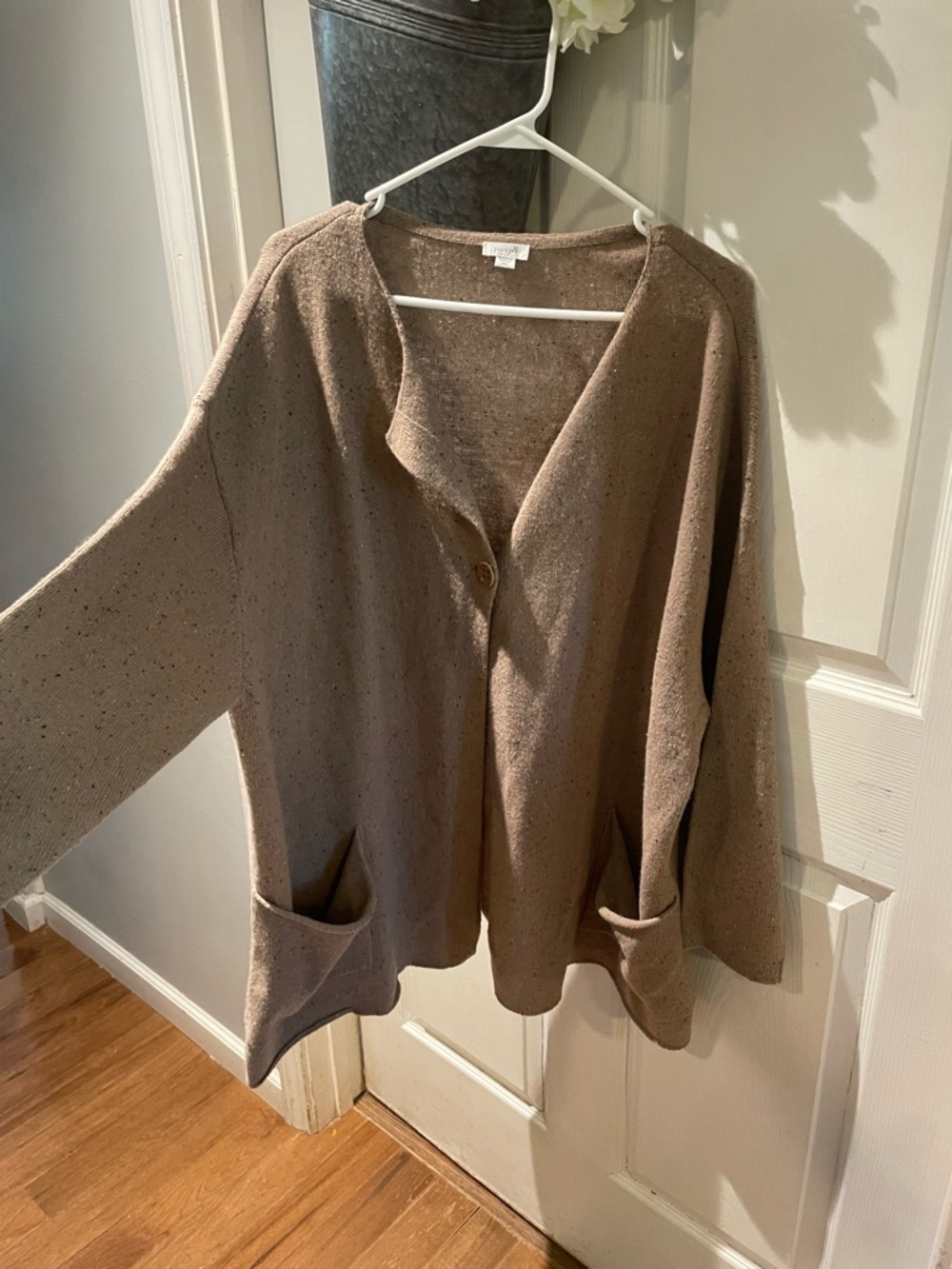 Pure Jill Oversized Single-Button Taupe Wool Cardigan with Front Pockets XL